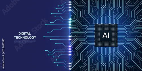 Artificial intelligence chip with glowing lines. Innovative machine learning concept. Technology background with printed circuit board and central processor.