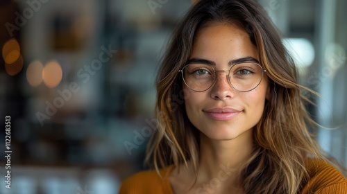 Portrait of a Beautiful Hispanic Female Wearing Glasses, Using a Tablet Computer, Smiling Confidently Businesswoman and IT Manager photo