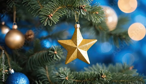 Sparkling gold glass ornaments and red balls adorn the green fir branches of a Christmas tree, ready for the holiday celebration photo