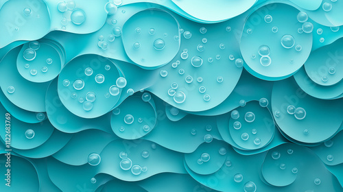 Abstract teal blue paper cut background with bubbles. Concept of water, waves, and underwater world.