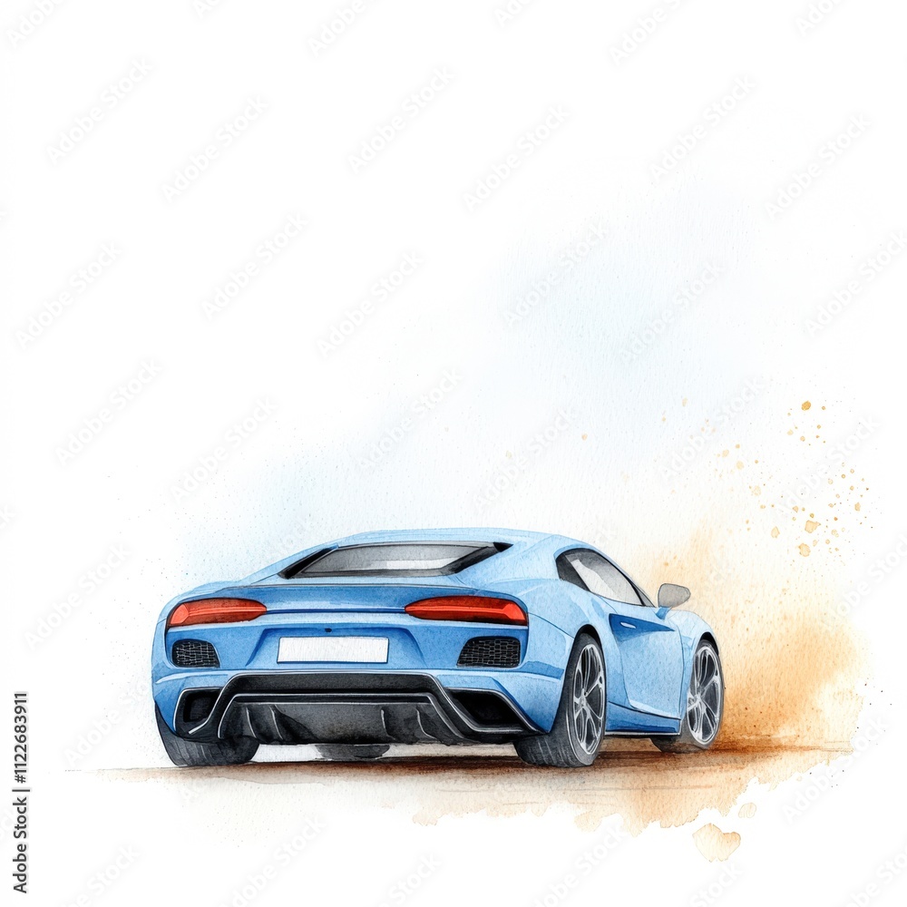 Naklejka premium A sleek blue sports car is depicted from the rear, surrounded by splashes of colors, making it ideal for automotive websites, promotional materials, or art prints