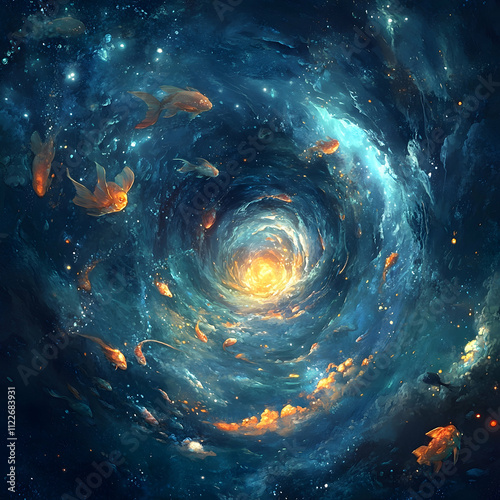 Cosmic journey of goldfish through a celestial vortex outer space digital art mystical environment surreal viewpoint