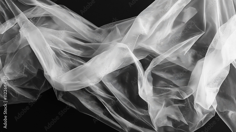 Fototapeta premium Elegant white sheer fabric draped on black background. Concept of luxury, wedding, and fashion.