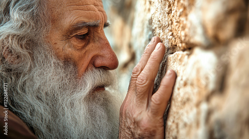 Elderly Jewish man prays devoutly at the Western Wall in Jerusalem, reflecting a moment of deep spiritual connection photo