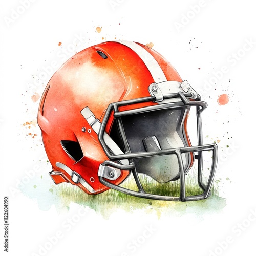 A vibrant illustration of a football helmet, featuring an orange design and a black faceguard, suitable for sports-related articles, marketing materials, or merchandise related to football, photo