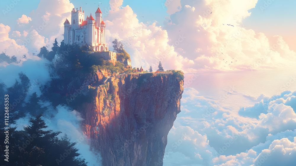 Fototapeta premium Majestic castle on a cliff enchanted landscape fantasy art dreamy clouds aerial view mystical realm exploration