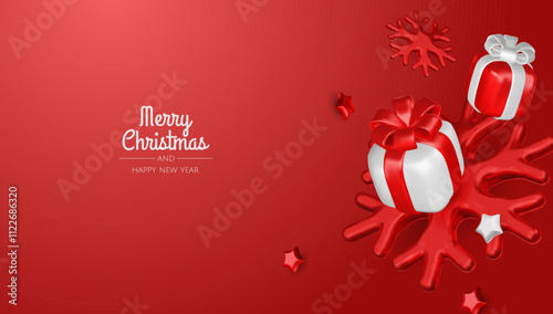 Happy New Year and Merry Christmas. Christmas holiday background with realistic 3d objects, bauble balls, conical metal stars. Levitation falling design composition.