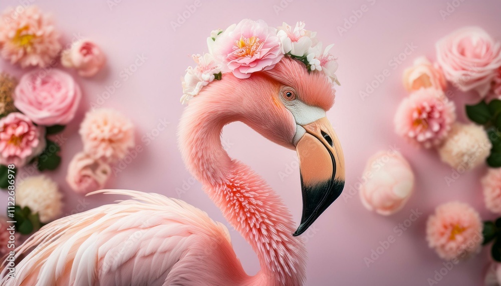 Naklejka premium Abstract gentle portrait of a light pink flamingo with a hairstyle of fresh, pastel pink flowers. Illustrated animal creative concept