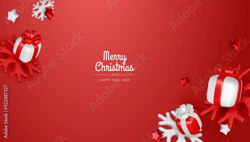 Happy New Year and Merry Christmas. Christmas holiday background with realistic 3d objects, bauble balls, conical metal stars. Levitation falling design composition.