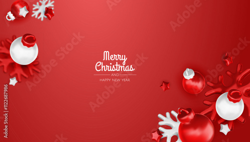 Happy New Year and Merry Christmas. Christmas holiday background with realistic 3d objects, bauble balls, conical metal stars. Levitation falling design composition.