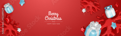 Happy New Year and Merry Christmas. Christmas holiday background with realistic 3d objects, bauble balls, conical metal stars. Levitation falling design composition.
