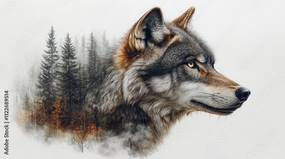 Fototapeta premium Here's a possible and keyword list for your stock photo.. Majestic wolf portrait, forest background.