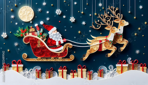 Paper cut and quill Craft illustration of Santa with his sleigh and reindeer