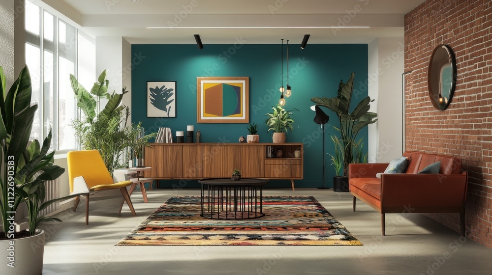 Fototapeta premium Stylish mid-century modern living room with teal wall, wooden furniture, and vibrant rug.