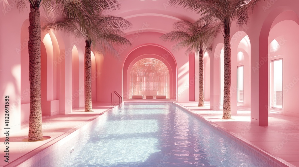 Fototapeta premium A indoor beautiful pool in a minimalist arabic style construction in pink tones with palm trees