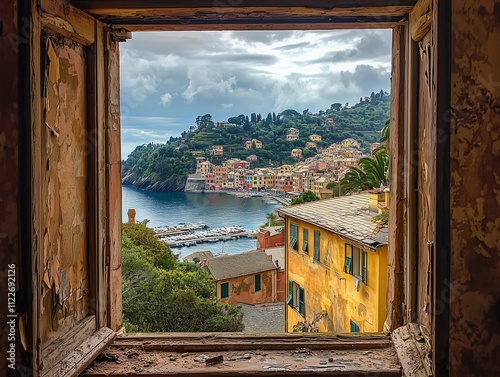 Portofino in Liguria, Italy, view from an impoverished home. Portofino in Liguria, Italy, view from the door of an impoverished and abandoned home in the Italian city. Contrast between poverty and ric photo