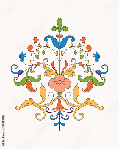 Indian floral ornament. Mughal multicolor floral traditional ornament with arch and motif borders.