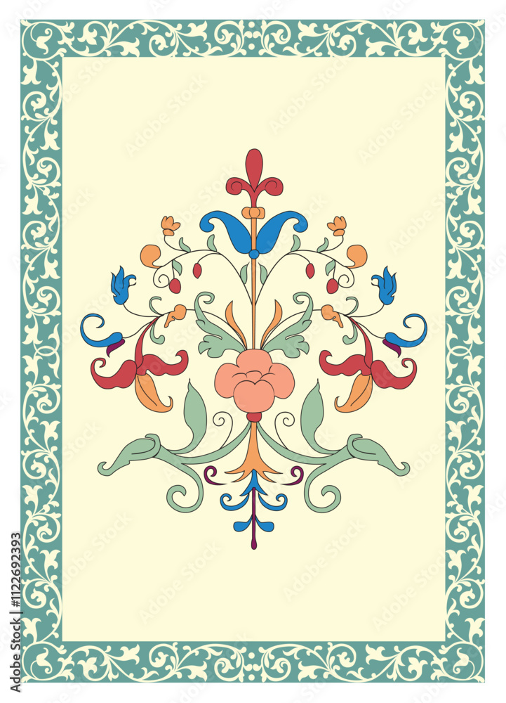 Indian floral ornament. Mughal multicolor floral traditional ornament with arch and motif borders.
