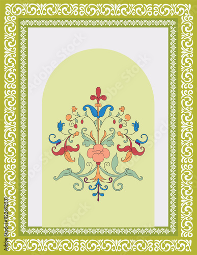 Indian floral ornament. Mughal multicolor floral traditional ornament with arch and motif borders.