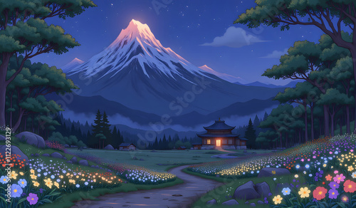 A serene night scene featuring a majestic snow-capped mountain, a glowing temple, lush forests, and vibrant flower fields under a starry sky.