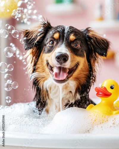 Dog grooming salon concept. Happy dog enjoying a bubble bath with a rubber duck and playful bubbles in a cozy setting. photo