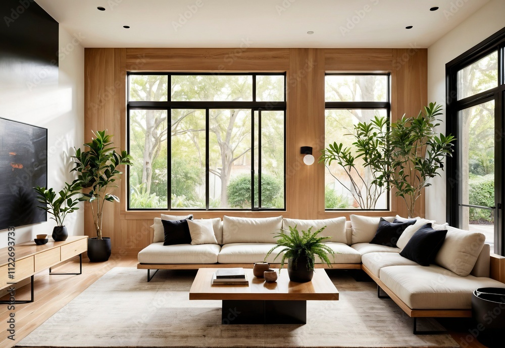 Fototapeta premium Contemporary Minimalist Living Room with White Sofa, Abstract Art, and Natural Light