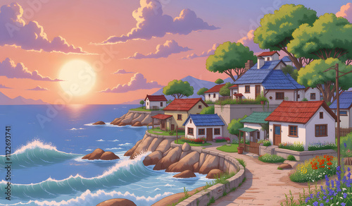 A tranquil seaside village with colorful houses, lush greenery, and ocean waves under a warm, glowing sunset.