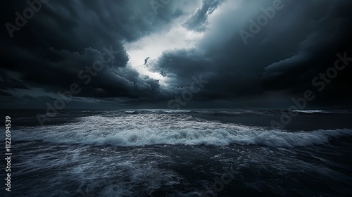 The sky is dark and cloudy, and the ocean is rough with waves crashing against the shore. Scene is ominous and foreboding photo