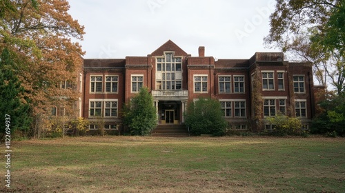 A large brick building with trees in front of it