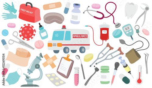 Medical equipment design elements set isolated on white background.