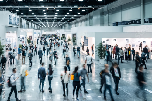 Blurred silhouettes of people at an exhibition hall during a trade show or expo event. Business convention show or job fair. Business concept background.