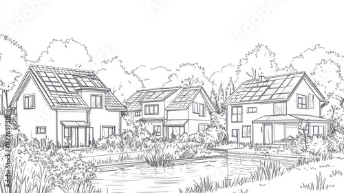 Sketch of eco-friendly houses with solar panels near a pond. photo