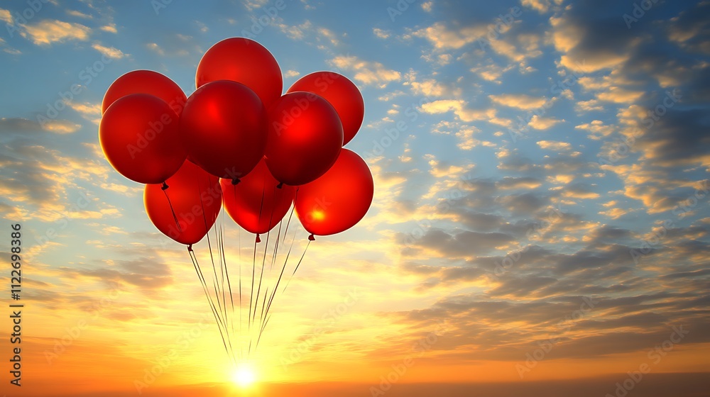 Fototapeta premium Red Balloons Ascending at Sunset Sky