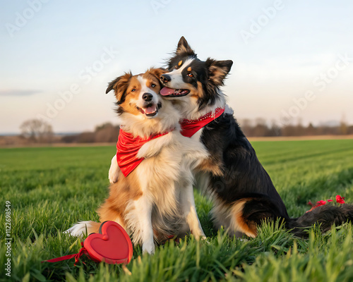 two dogs hugging together for a walk. Pets in nature. Cute border collie in a field in colors. St. Valentine's Day.

