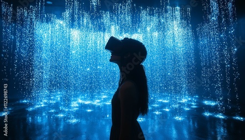 Woman Experiencing Virtual Reality in a Light Display
