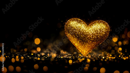 golden heart with golden glitter bokeh on black background . Valentine's day concept .