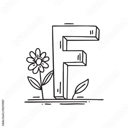 An illustration of letter F beside flower