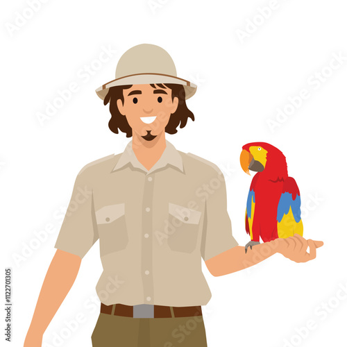 Young zookeeper playing with bird on his hand. Flat vector illustration isolated on white background