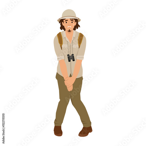 Young safari or zookeeper man need a pee. Flat vector illustration isolated on white background