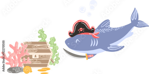 Clip art with pirate shark and chest. Vector cute illustration.