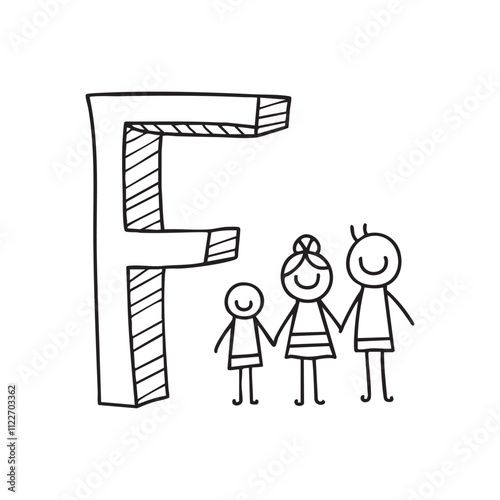 An illustration of letter F beside family