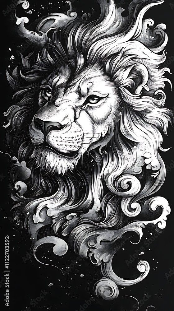A detailed black and white illustration of a lion's head with flowing mane and stylized elements. A detailed black and white illustration of a lion's head with flowing mane and stylized elements.