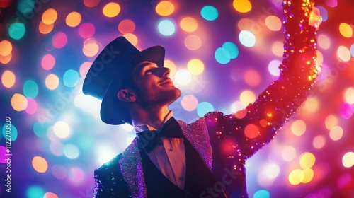A man wearing a circus costume with a top hat on the background of lights in the circus