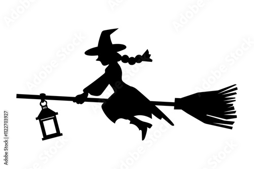 Clip art of witch flying on a broom with lantern