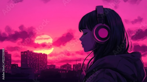 A manga style girl with headphones looking at the bright pink sky while listening to lo-fi music,