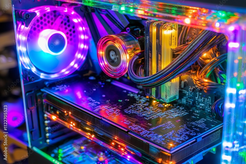 Fototapeta premium A high-end gaming PC with RGB lighting, glowing fans, and a transparent side panel