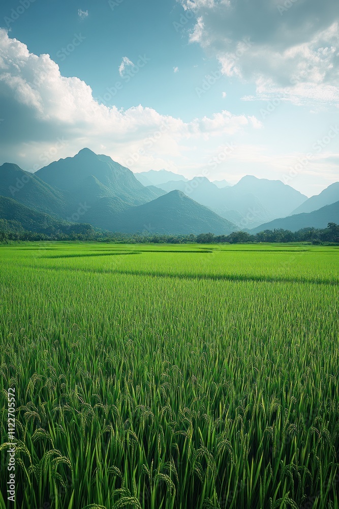 Lush green rice fields with distant mountains under a blue sky and scattered clouds. Lush green rice fields with distant mountains under a blue sky and scattered clouds.