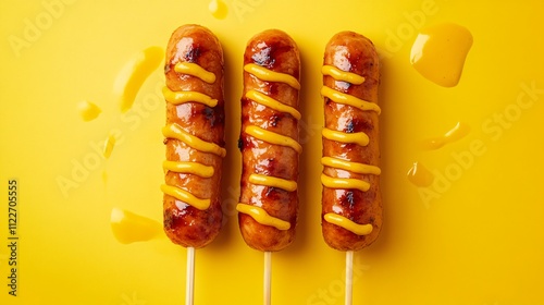 Cocktail wieners on skewers, isolated on a bold yellow background with mustard drizzles