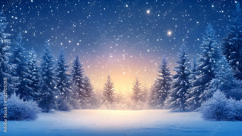 Fototapeta premium Winter wonderland snowfall serene forest landscape nature scene tranquil evening panoramic view enchanting atmosphere