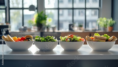 A line of white bowls filled with colorful salad and pita bread in small clips line the counter in front of the window of an airport restaurant. photo